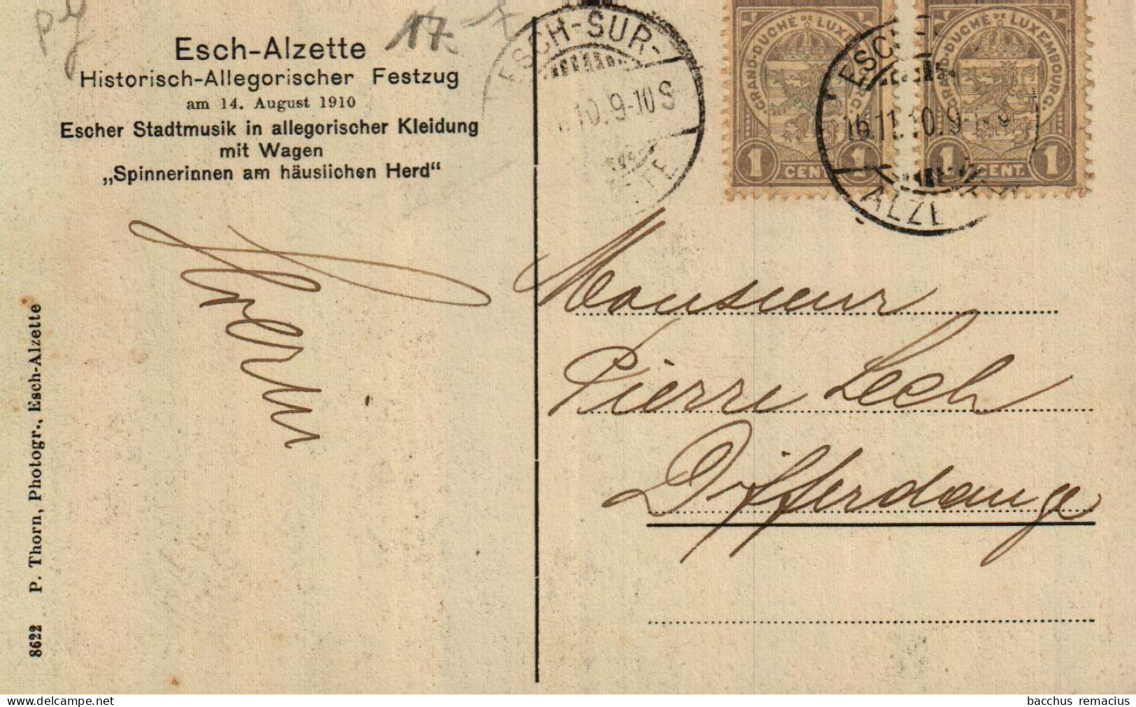 ESCH-SUR-ALZETTE Hist.Alleg.Festzug 14.8.1910 Escher Stadtmusik In Alleg.Kleidung+Wagen"Spinnerinnen Am Häuslichen Herd" - Esch-sur-Alzette