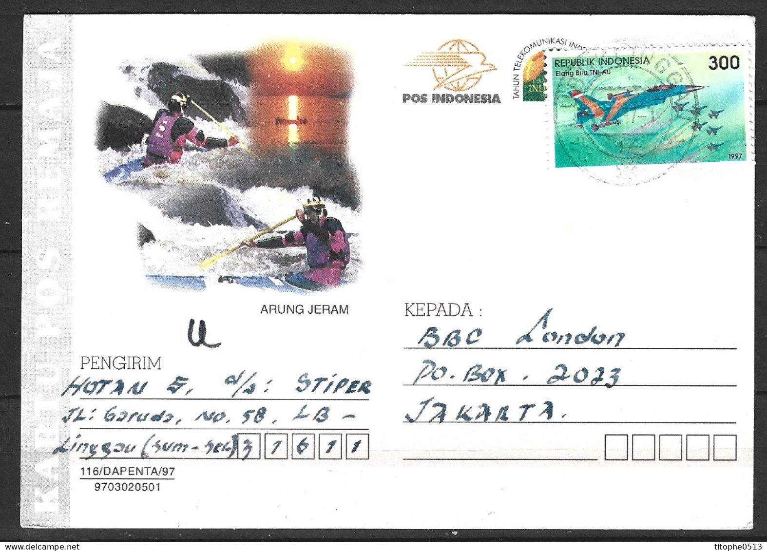 INDONESIE. Carte De 1997 Ayant Circulé. Canoë-kayak En Eau Vive. - Kanu
