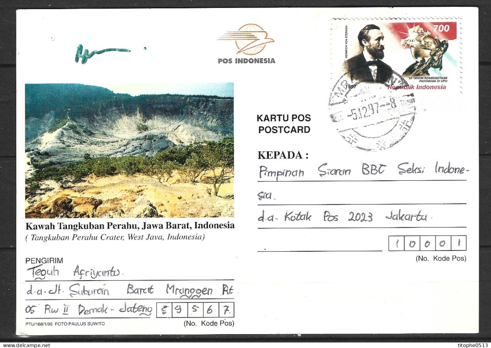 INDONESIE. Carte De 1997 Ayant Circulé. Tangkuban Parahu. - Vulkanen