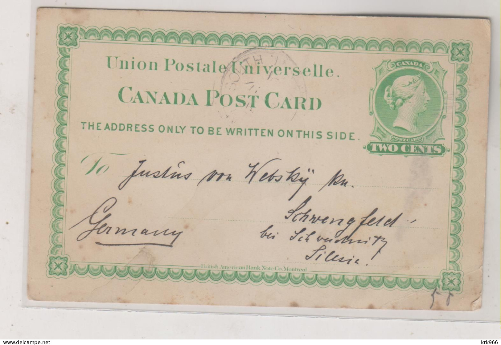 CANADA 1891  Nice Postal Stationery To Germany - 1860-1899 Victoria