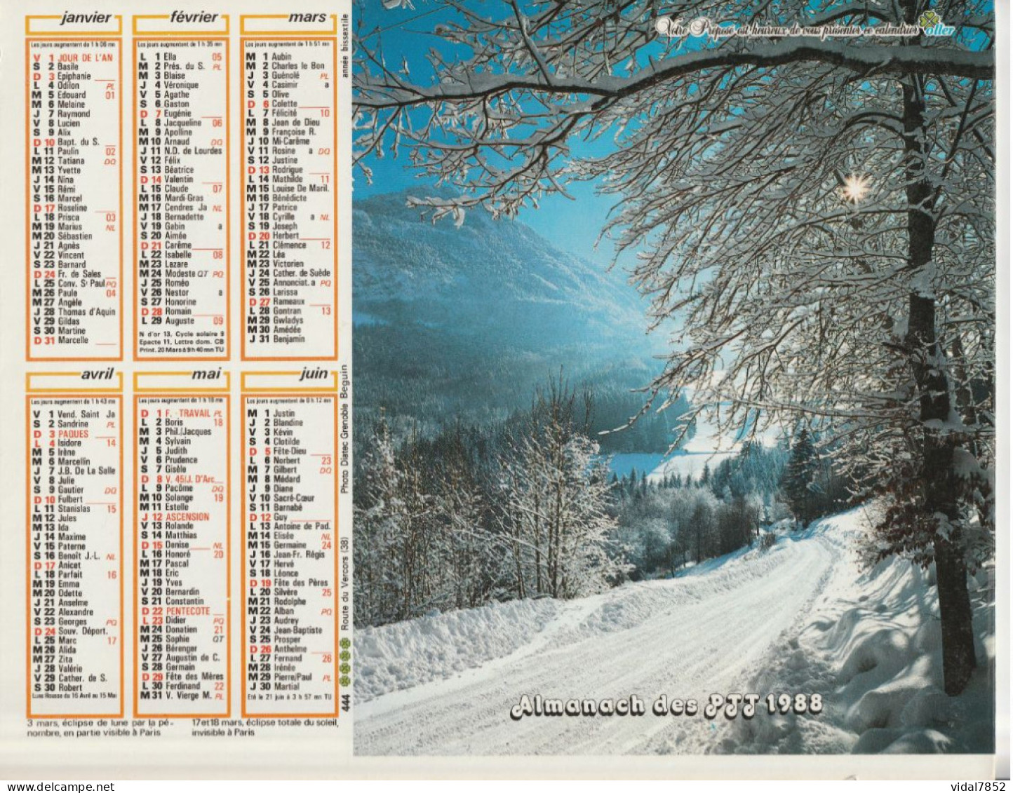 Calendrier-Almanach Des P.T.T 1988-Route Du Vercors (38) Montagne En été (suisse -OLLER Département AIN-01-Référence 444 - Grand Format : 1981-90