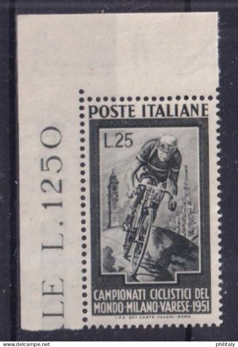 Repubblica Italiana 1951 - Campionati Ciclistici Del Mondo - Valore L. 20 Nuovo Angolo Di Foglio Senza Linguella - Italy