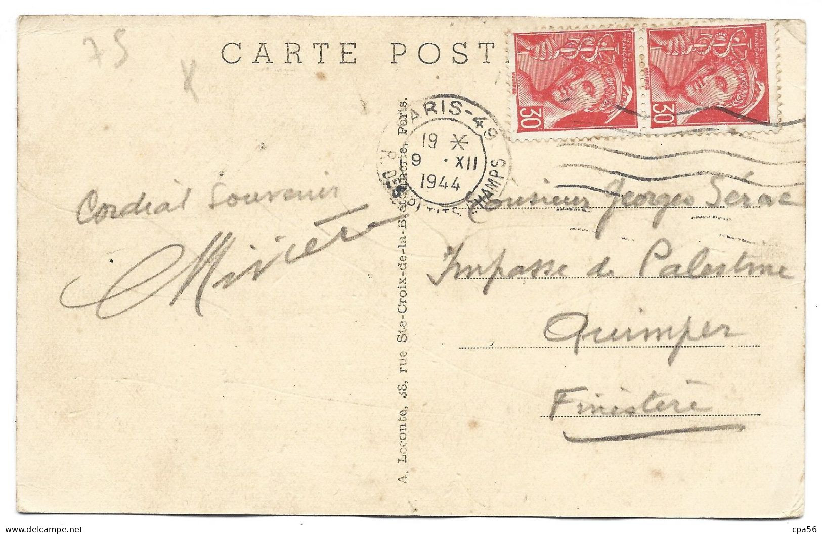 Type MERCURE 30c EN PAIRE Sur Carte Postale 1944 - PARIS 49 - 1938-42 Mercurius