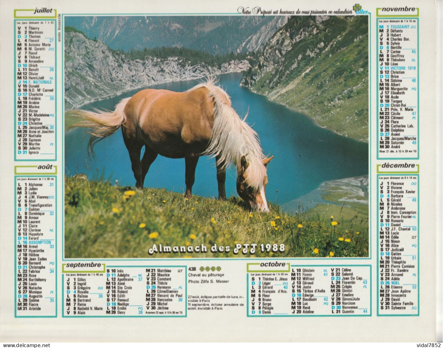 Calendrier-Almanach Des P.T.T 1988-Poster Intérieur JEAN JACQUES GOLDMAN -OLLER Département AIN-01-Référence 438 - Grossformat : 1981-90