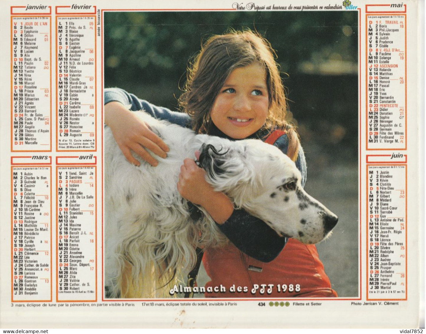 Calendrier-Almanach Des P.T.T 1988-Poster Intérieur JEAN JACQUES GOLDMAN -OLLER Département AIN-01-Référence 440 - Big : 1981-90
