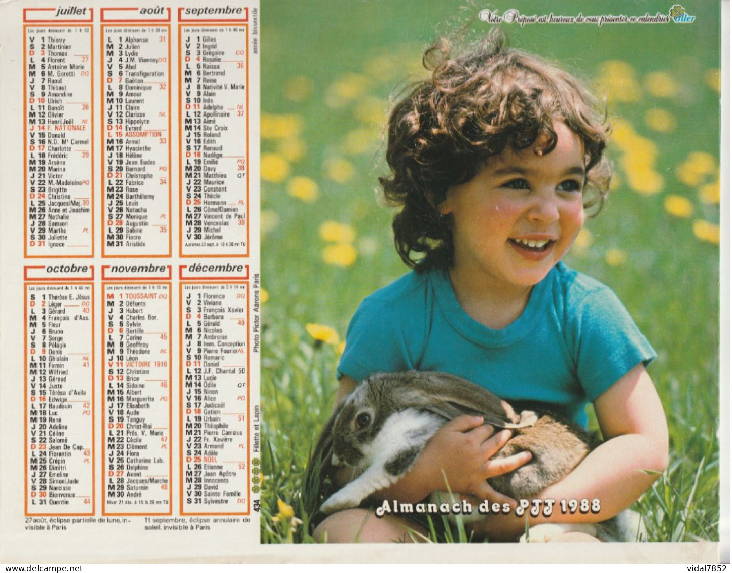 Calendrier-Almanach Des P.T.T 1988-Poster Intérieur JEAN JACQUES GOLDMAN -OLLER Département AIN-01-Référence 440 - Formato Grande : 1981-90