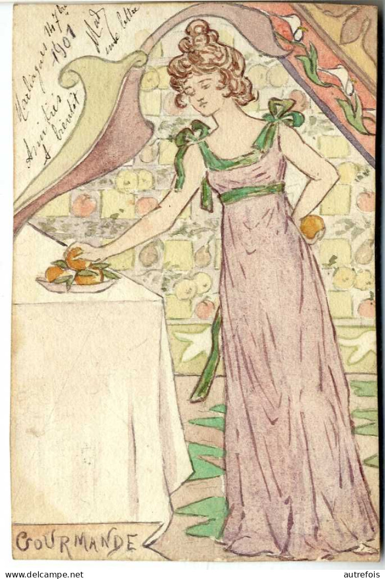 FEMME ART NOUVEAU  GOURMANDE  -   DESSINS AQUARELLE  REALISEE SUR CARTE POSTALE  PAPIER A DESSIN  1901 - Aquarelles