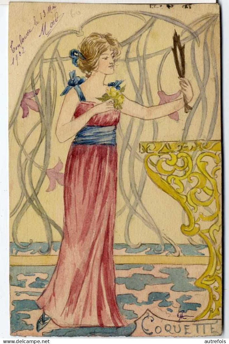 FEMME ART NOUVEAU COQUETTE  -   DESSINS AQUARELLE  REALISEE SUR CARTE POSTALE  PAPIER A DESSIN  1902 - Aquarelles