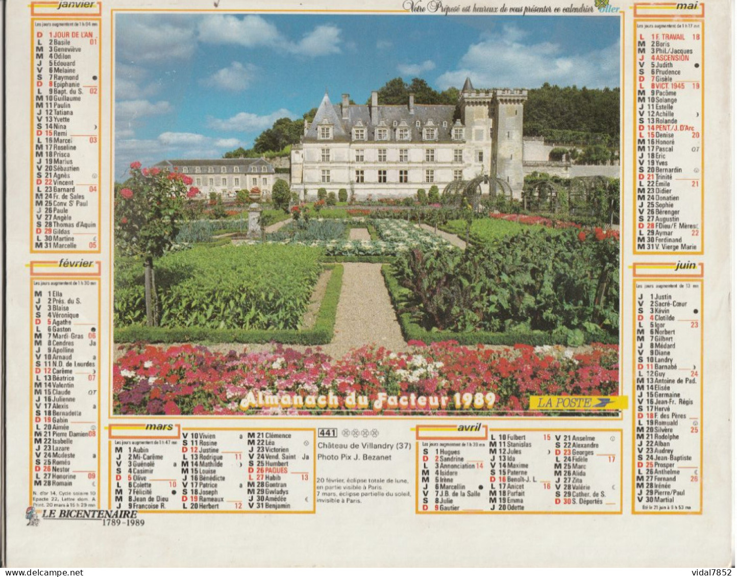 Calendrier-Almanach Des P.T.T 1989-Poster Intérieur MADONA -OLLER Département AIN-01-Référence 441 - Grand Format : 1981-90
