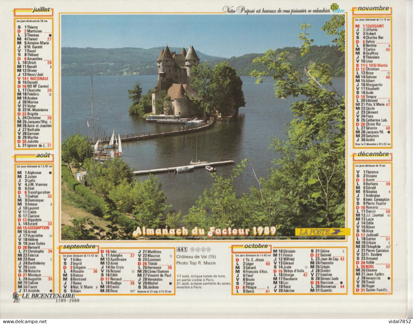 Calendrier-Almanach Des P.T.T 1989-Poster Intérieur MADONA -OLLER Département AIN-01-Référence 441 - Tamaño Grande : 1981-90