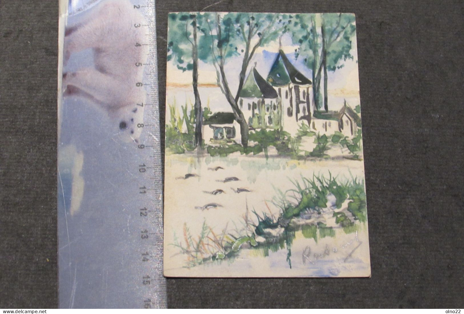 PAYSAGE UN VILLAGE - PETITE AQUARELLE SIGNEE RANSONNET - 12?5/8?5 CM - VOIR SCANS - Aquarelles