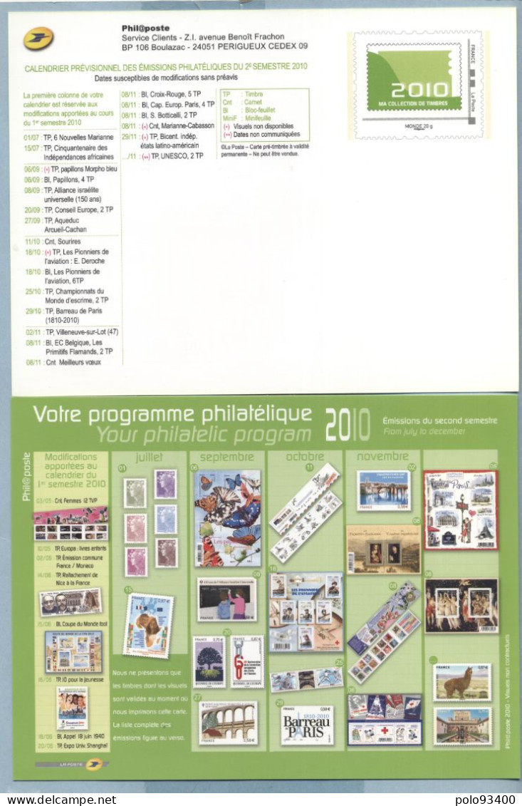 2010 CALENDRIER DES EMISSIONS 1er JOUR DU 2ème SEMESTRE - Prêts-à-poster:Stamped On Demand & Semi-official Overprinting (1995-...)