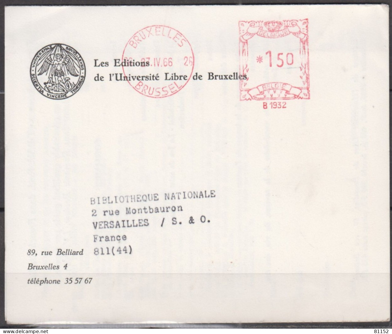 Empreinte EMA  " B 1932 150 " Sur Dépliant Lettre Pub De BRUXELLES  " Les éditions De L'université..."  Le  27 IV 1966 - 1960-79