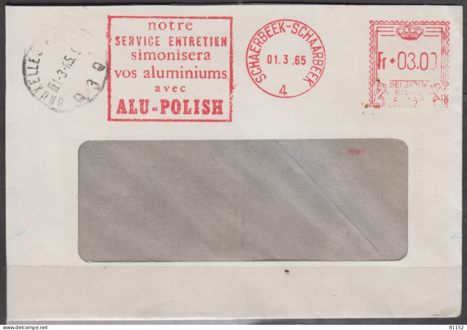 Empreinte EMA  Sur Lettre Fenetre Pliée  Pub " ALU-POLISH " De SCHAERBEEK-SCHAARBEEK  Le  1 3 1965 - 1960-79