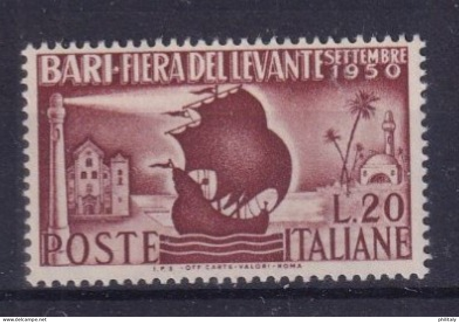 Repubblica Italiana 1950 - 14° Fiera Del Levante A Bari - Valore L. 20 Bruno Nuovo Con Linguella - Italy