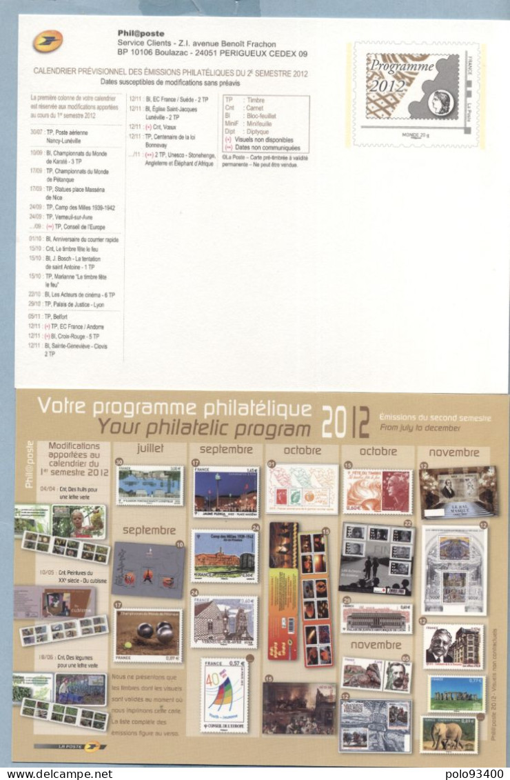 2012  CALENDRIER DES EMISSIONS 1er JOUR DU 2ème SEMESTRE - Prêts-à-poster: TSC Et Repiquages Semi-officiels