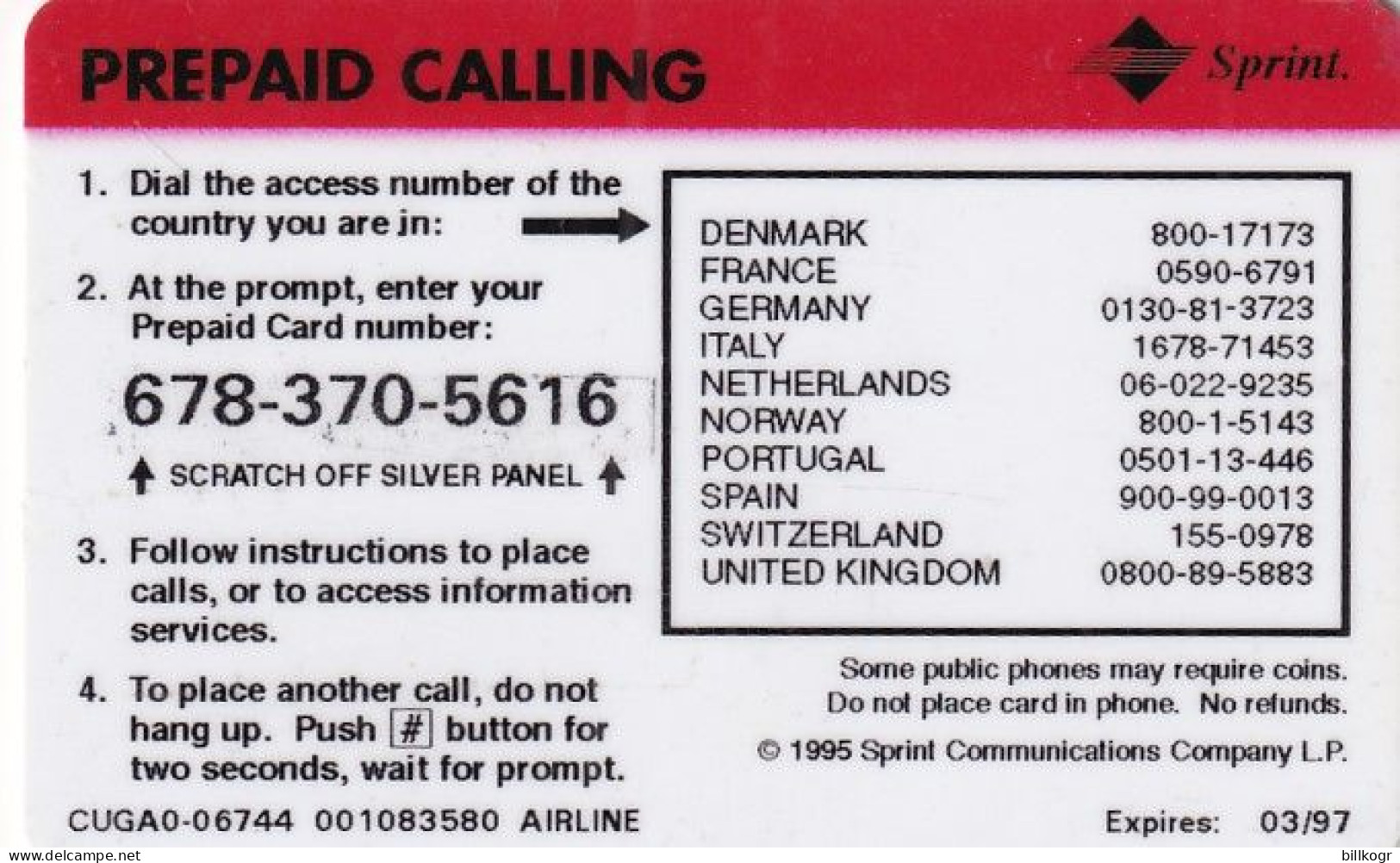 USA - Airplane, Sprint Global Prepaid Card 50 Units, Exp.date 03/97, Used - Sprint