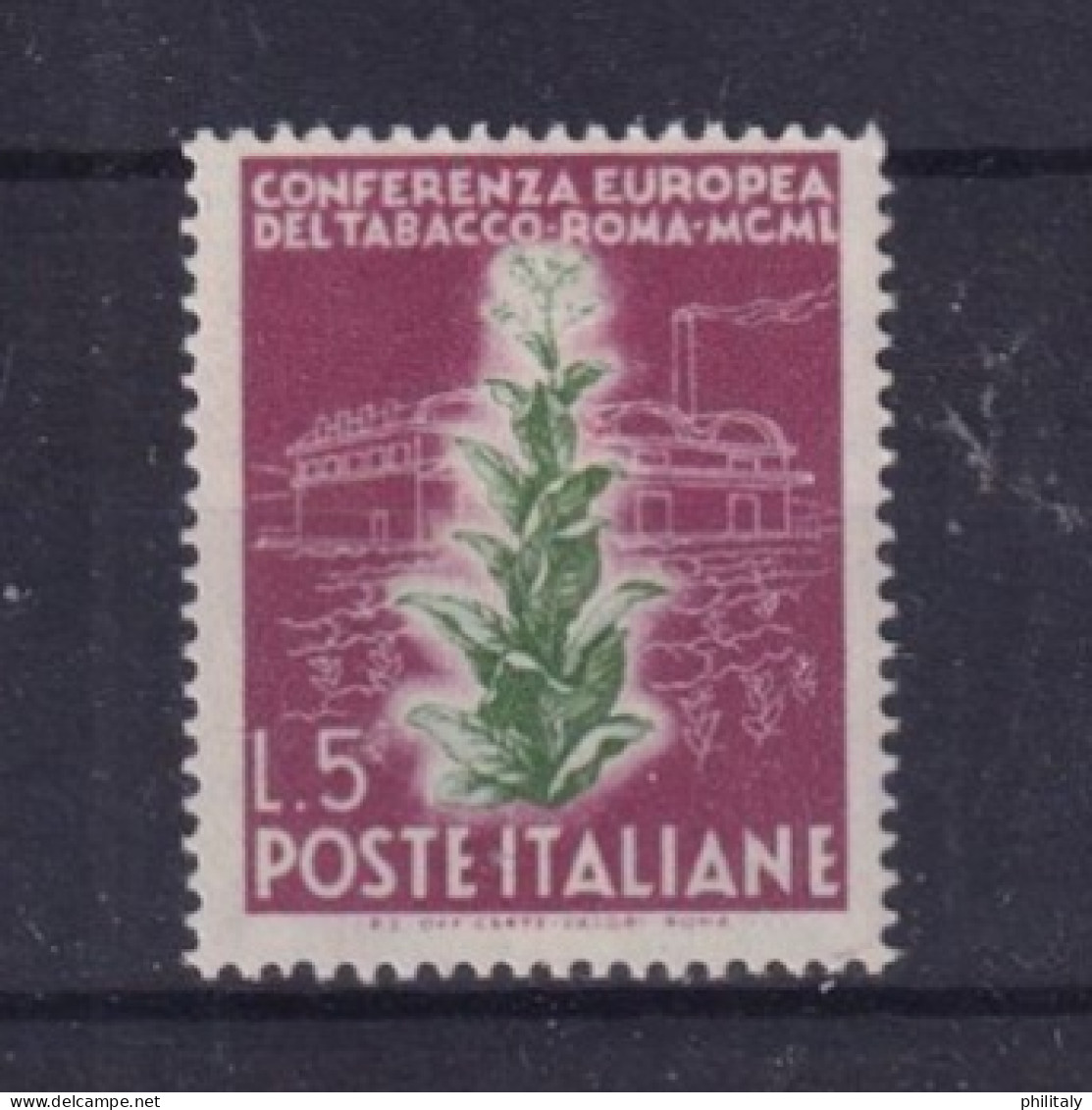Repubblica Italiana 1950 - Conferenza Europea Del Tabacco Valore L. 5 Amaranto Nuovo Con Leggerissima Traccia Di Linguel - Italy