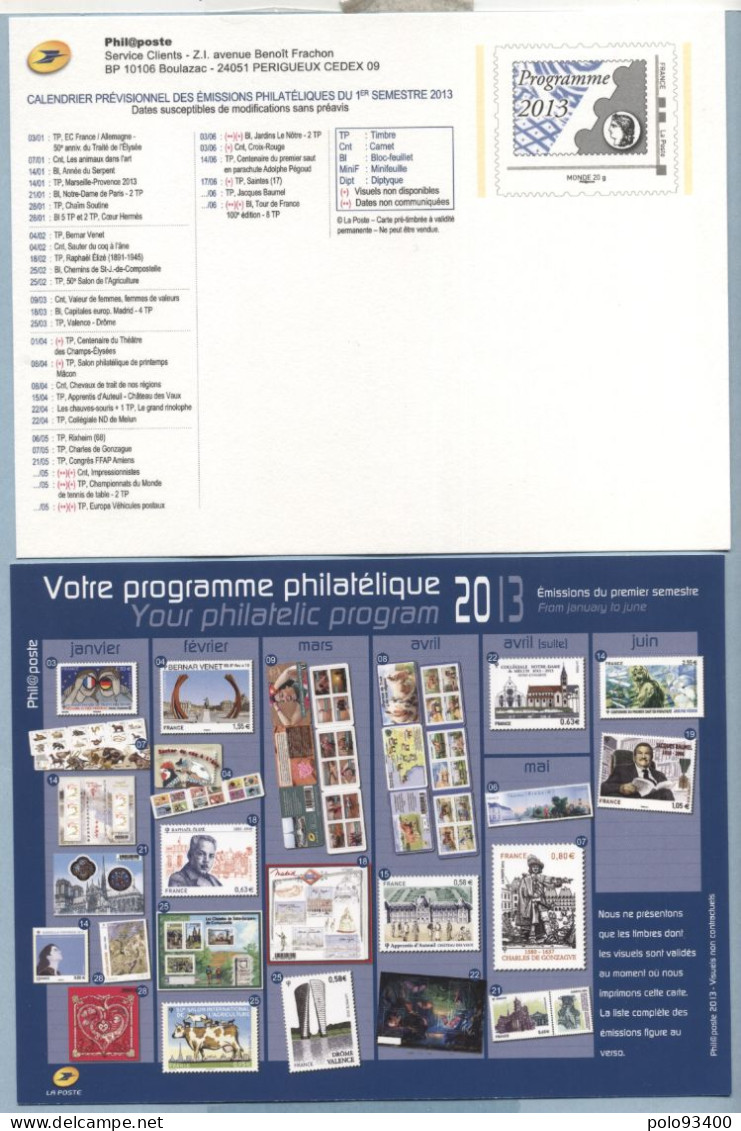 2013  CALENDRIER DES EMISSIONS 1er JOUR DU 1er SEMESTRE - Prêts-à-poster:Stamped On Demand & Semi-official Overprinting (1995-...)