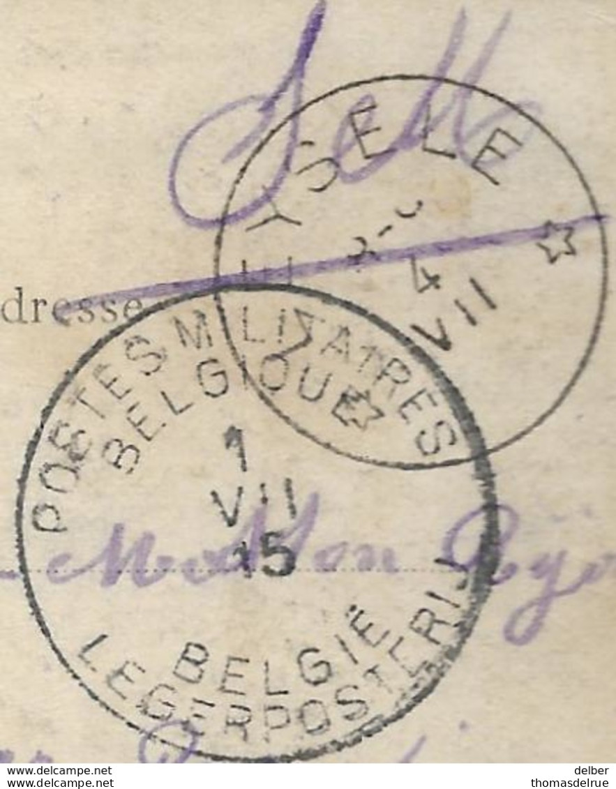 Op 406: S.M. : _ PMB _ BLP 1 VII 15 > * LEYSELE * 4 VII __ [1915]:sterstempel /pk:Fécamp- Départ Du Navire Terre Neuvier - Niet-bezet Gebied