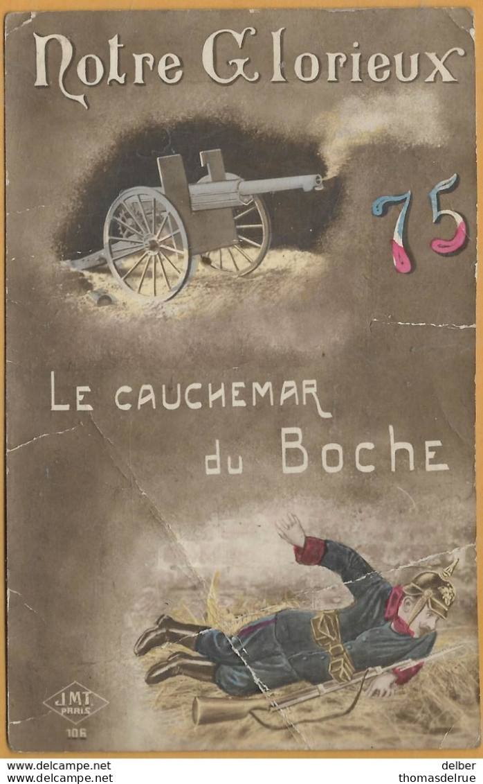 Op 409: S.M. : _ PMB _ BLP 7  VII 15 > * LEYSELE * 10 VII __ [1915]:sterstempel/fantasiekaart. Le Cauchemar Du Boche . - Unbesetzte Zone