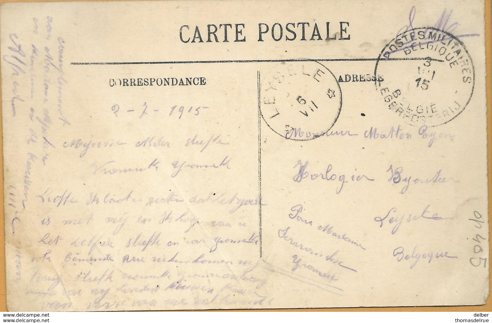 Op 405 S.M. : _ PMB _ BLP 3 VII 15 > * LEYSELE *  VII __ [1915]:sterstempel /pk:36 Calais-La Gare  Maritime - Not Occupied Zone