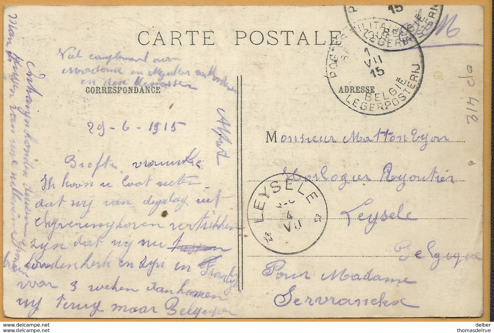 Op 412: S.M. : _ PMB _ BLP 1 VII 15 > * LEYSELE * 4 VII __ [1915]: Sterstempel / Pk: ANVERS Bombardé... Baselique 1914 - Not Occupied Zone