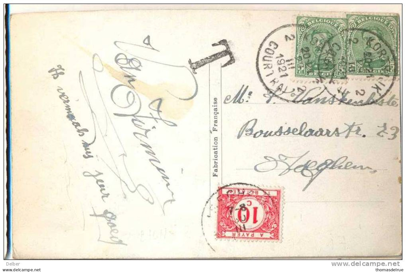 _Cc456:fantasiekaart:onvoldoende Gefrankeerd:5c+5c: 2 KORTRIJK 2 COURTRAI:29 III 1921 Ipv 15ct >getaxeerd ISEGHEM - Covers & Documents