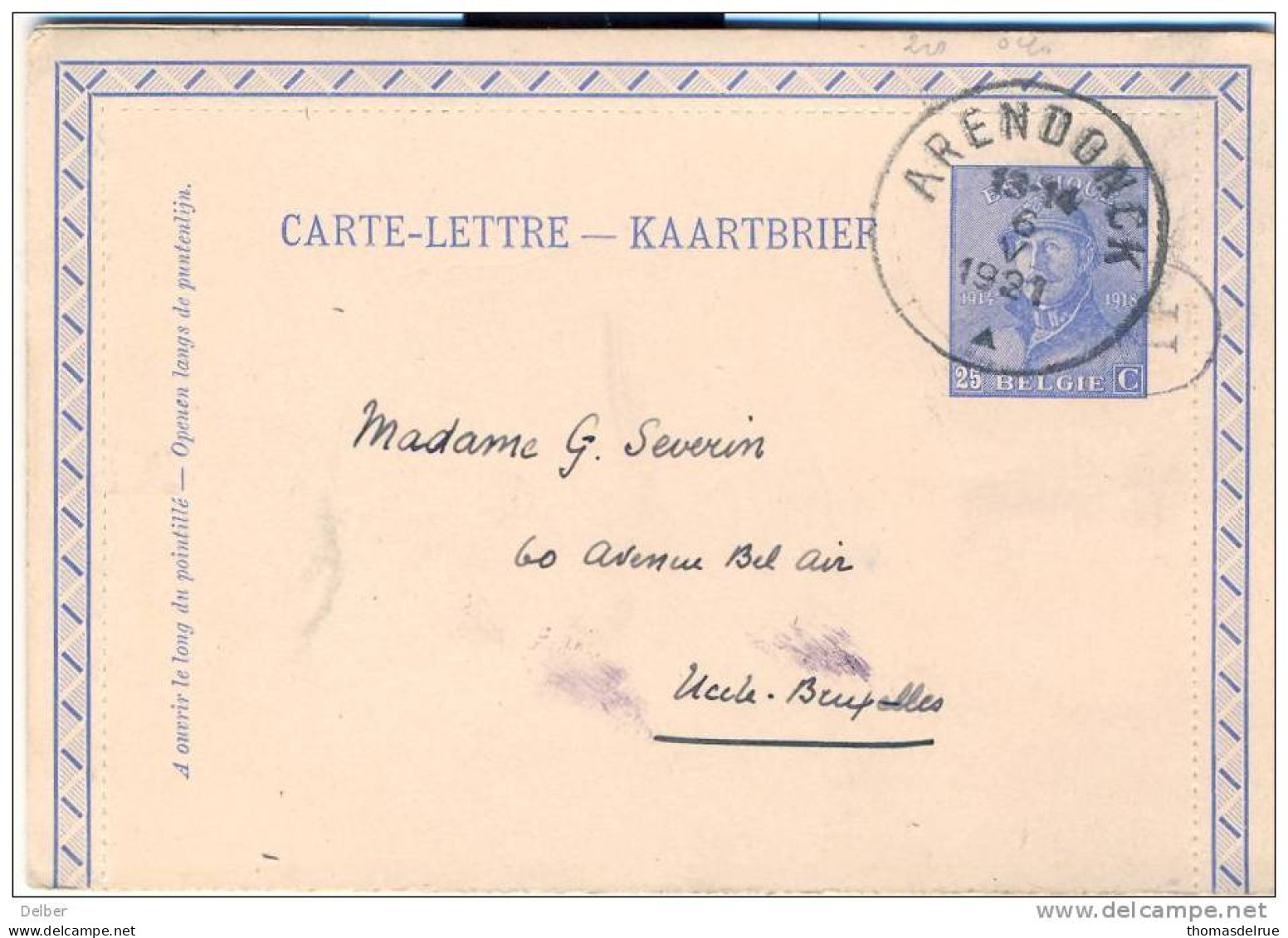 X_ik818_CARTE-LETTRE ---KAARTBRIEF: 25 Ct: ARENDONCK  ^  1921 > Uccles- Bruxelles - Carte-Lettere