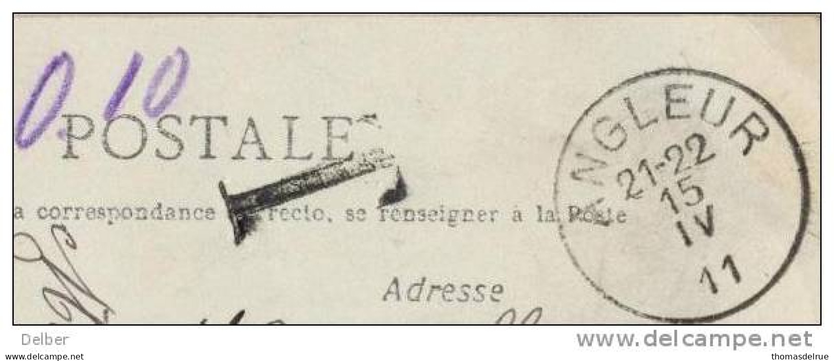 _G598: Niet  Gefrankeerd Postkaard; Verstuurd Uit ANGLEUR; Getakseerd: T- Stempel, 0,10 + TX5: 1 THUIN 1 + " 2 " Stempel - Lettres & Documents