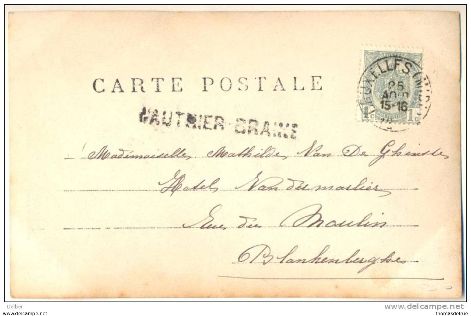 _Zn910: Fantasiekaartje : N°53- Tab: BRUXELLES(MIDI + Griffe: WAUTHIER BRAINE :  25 AOUT 1905 - Postmarks - Lines: Ambulant & Rural