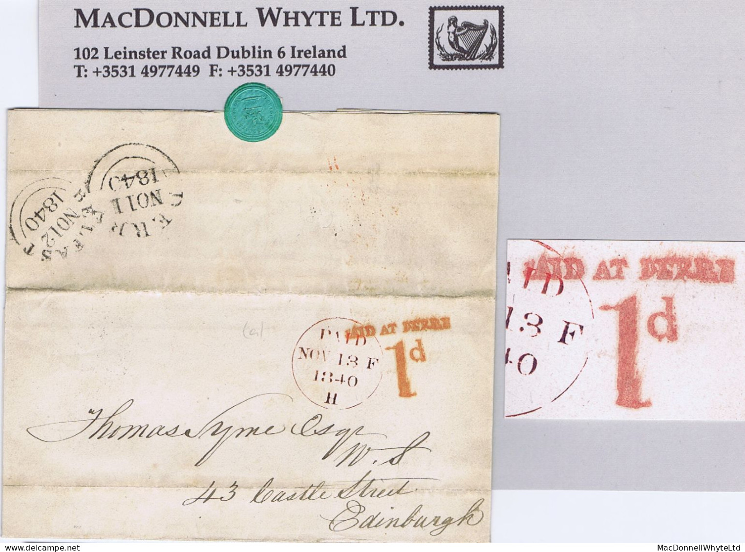 Ireland Derry 1840 Uniform Penny Handstruck "PAID AT DERRY/1d" In Red On Cover To Edinburgh, DERRY NO 11 1840 Cds - Voorfilatelie