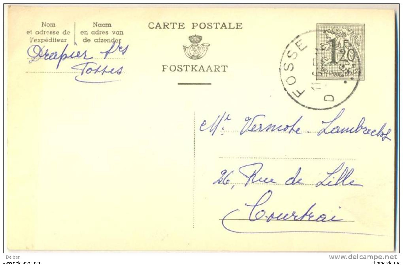 _Nx338: 1,20F Carte Postale POSTKAART :  D  FOSSE   D 11-6-57   > Courtrai - Cartes Postales 1951-..