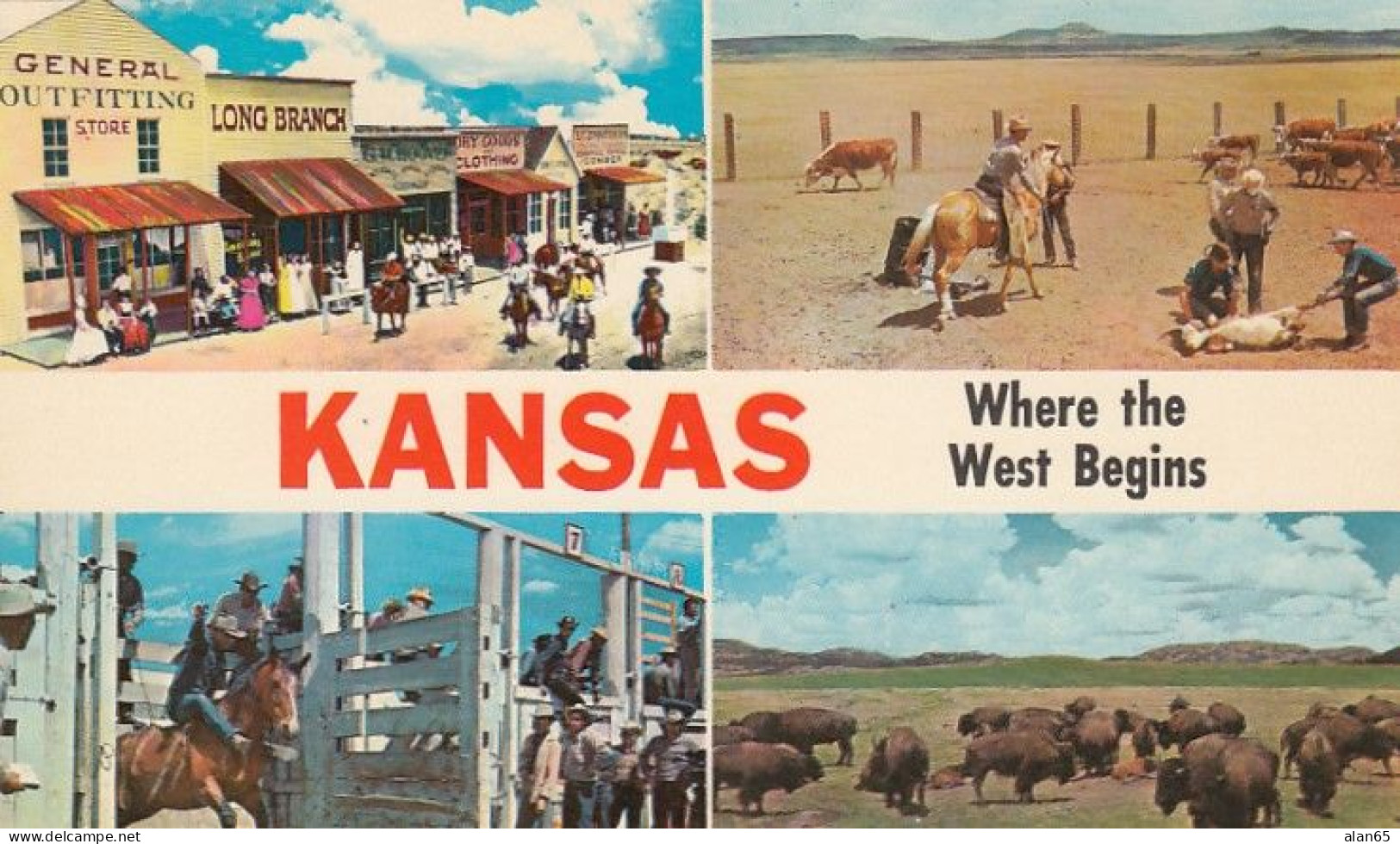 Kansas ' Where The West Begins' Bison American Buffalo Herd, Rodeo, Cowboys Branding Cattle, C1960s Vintage Postcard - Other & Unclassified