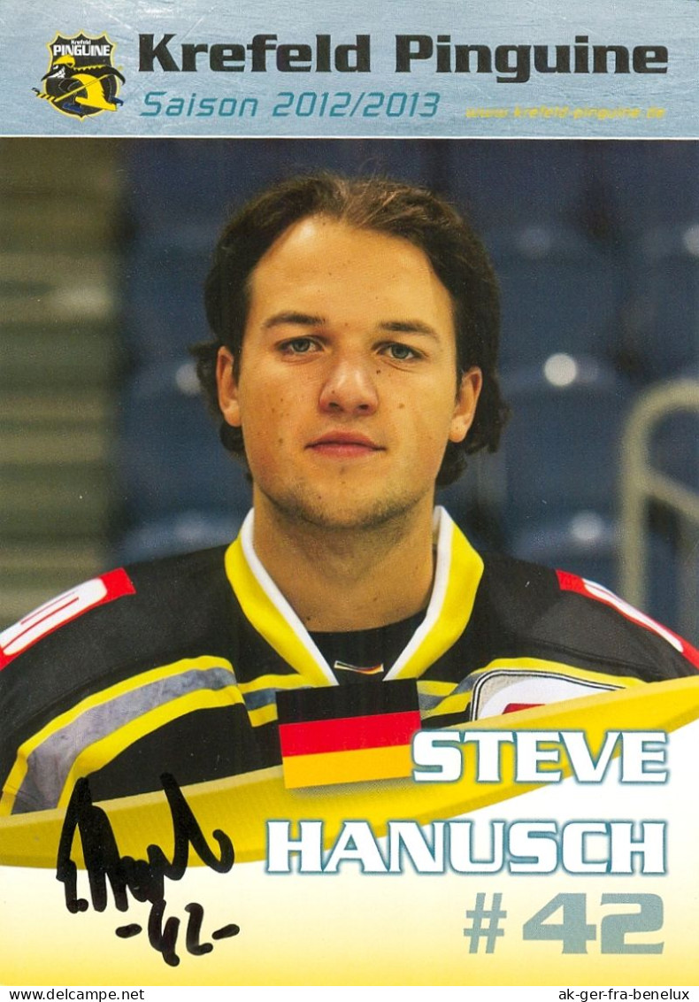 Autogramm Eishockey AK Steve Hanusch Krefeld Pinguine 12-13 KEV Cottbus Eisbären Berlin Kassel Huskies Dresdner Eislöwen - Wintersport