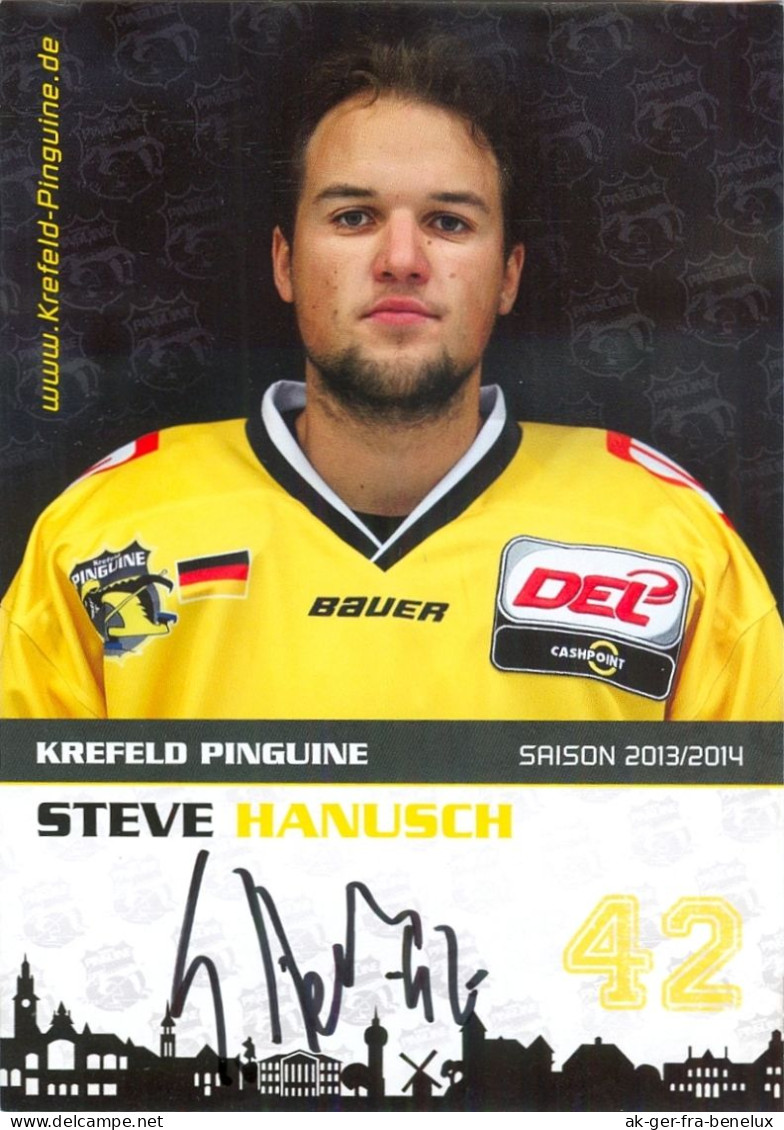 Autogramm Eishockey AK Steve Hanusch Krefeld Pinguine 13-14 KEV Cottbus Eisbären Berlin Kassel Huskies Dresdner Eislöwen - Sports D'hiver