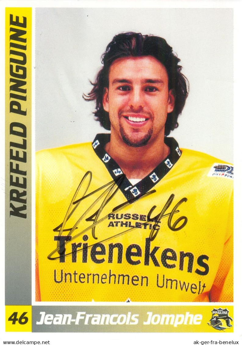 Autogramm Eishockey AK Jean-Francois Jomphe Krefeld Pinguine 99-00 KEV EHC Biel-Bienne ERC Ingolstadt Adler Mannheim NHL - Wintersport