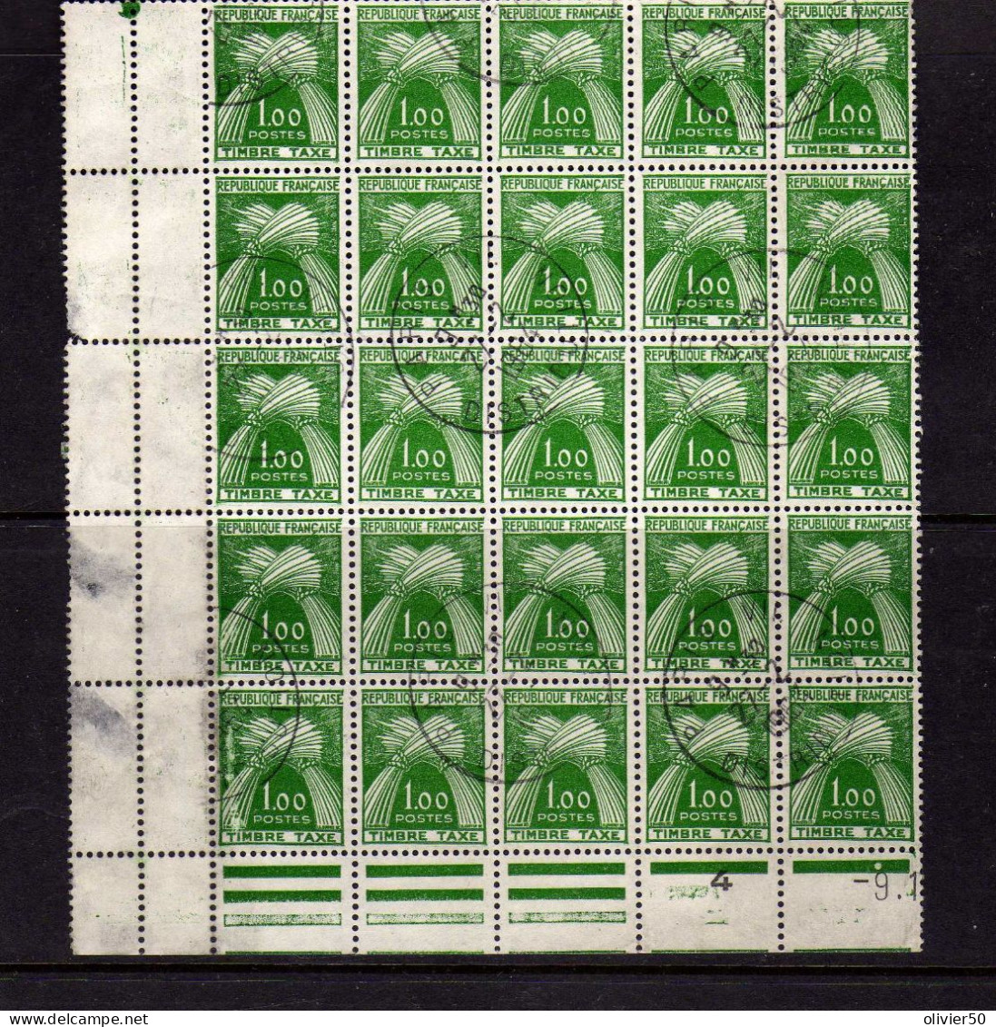 France -  1960 - Timbres-Taxe 1 F. Gerbe - Bloc De 25 Oblitere - 1960-.... Used