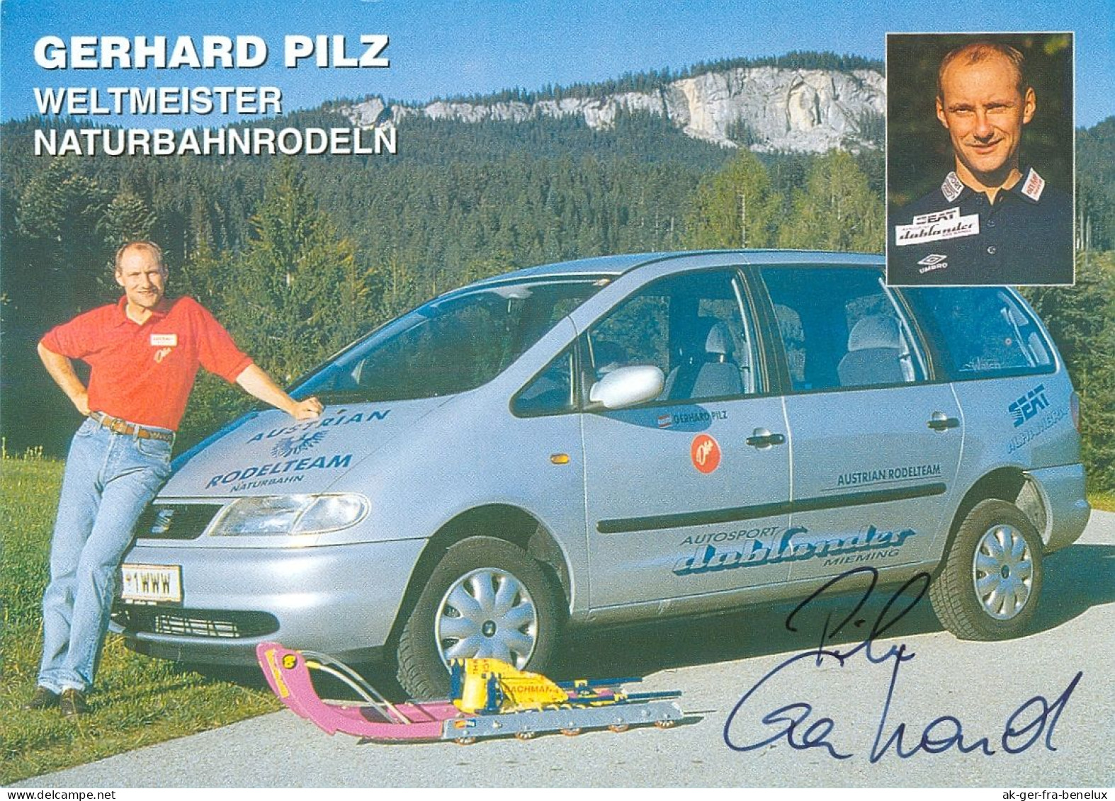 Autogramm AK Naturbahn-Rennrodler Gerhard Pilz Bad Ischl Goisern Gmunden Sarstein Steeg Österreich ÖSV SEAT Alhambra - Invierno