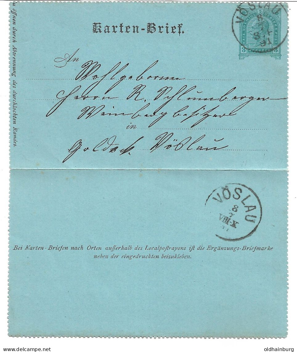 0151a: Kartenbrief ANK 19 C Gelaufen Vöslau 8 / 7 / 1891 - Baden Bei Wien