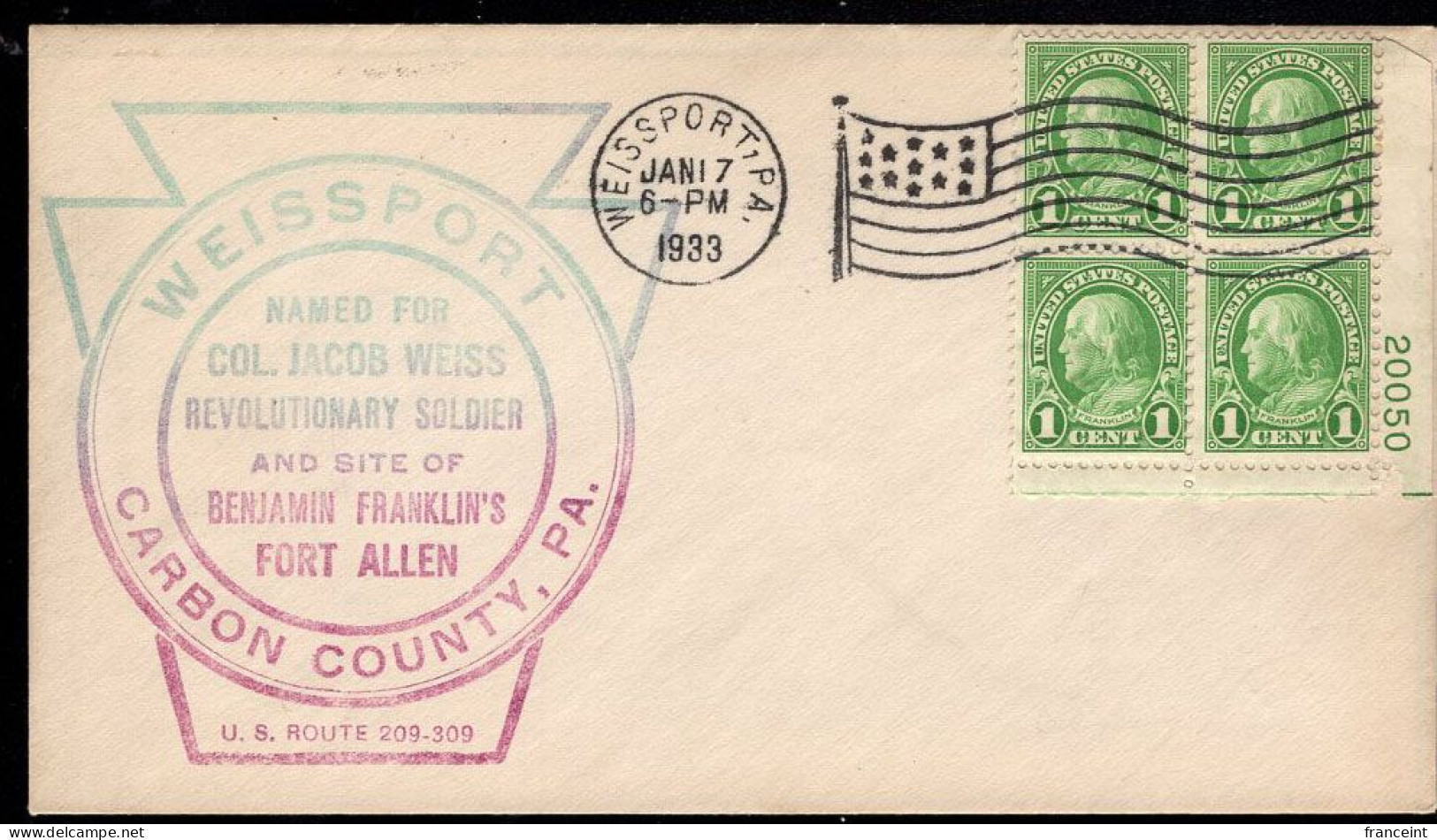 U.S.A.(1933) Jacob Weiss, Revolutionary Soldier. Benjamin Franklin. Cacheted Cover In Violet And Green To Commemorate "W - Schmuck-FDC