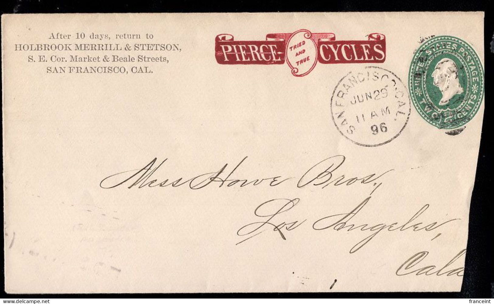 U.S.A.(1896) Bicycles. Two Cents Postal Stationery With Advertising. "Pierce Cycles." Roughly Opened At Right. - ...-1900