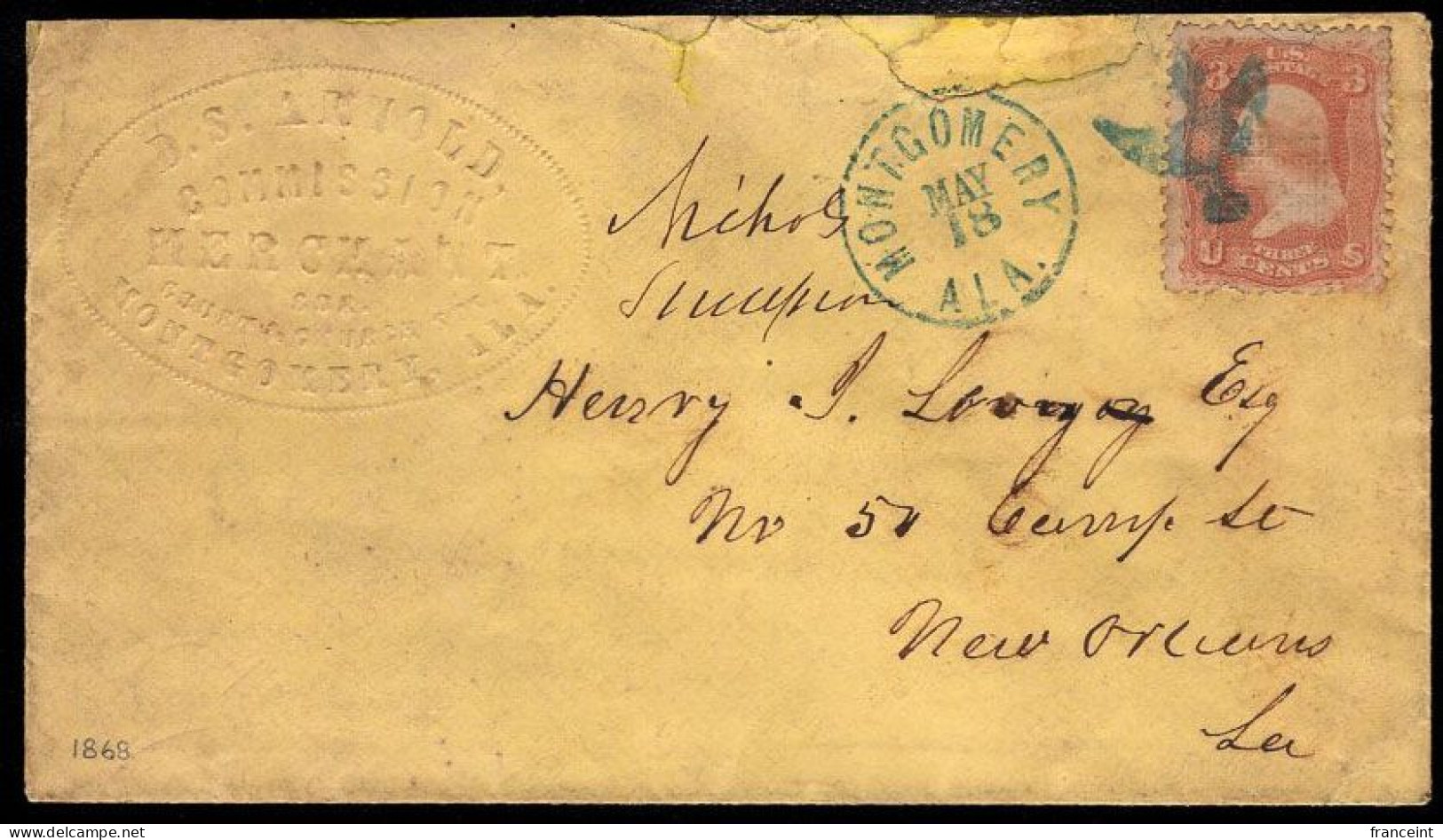 U.S.A.(1868) Bird With Outstreched Wings. Fancy Cancel From Montgomery, Alabama. Ex-Skinner Collection. Very Rare, Only - Omslagen Van Evenementen