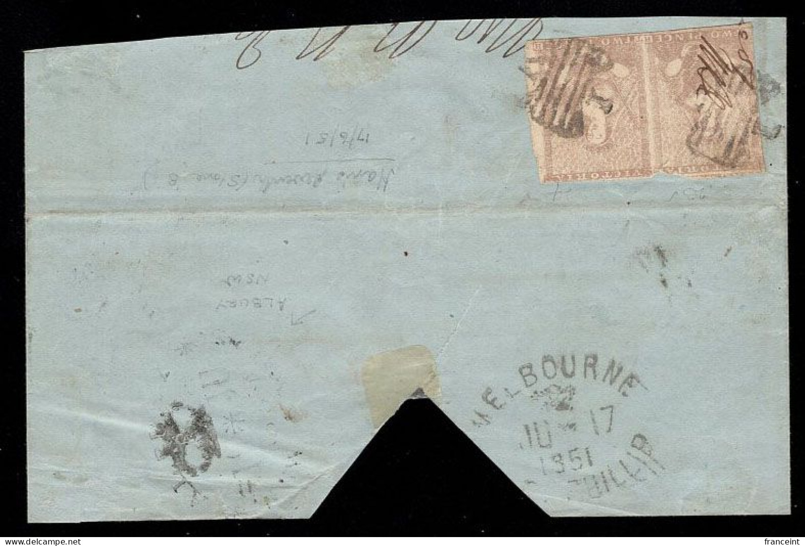 VICTORIA(1851) Butterfly Fancy Cancel In Black On Pair Of Scott No 7A On Envelope Front. Rare Exhibit Item! - Lettres & Documents