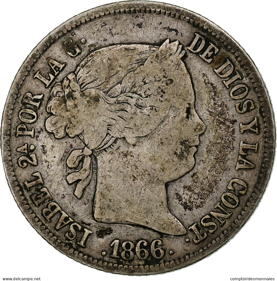 Espagne, Isabel II, 40 Centimos, 1866, Madrid, TB, Argent, KM:628.2 - First Minting