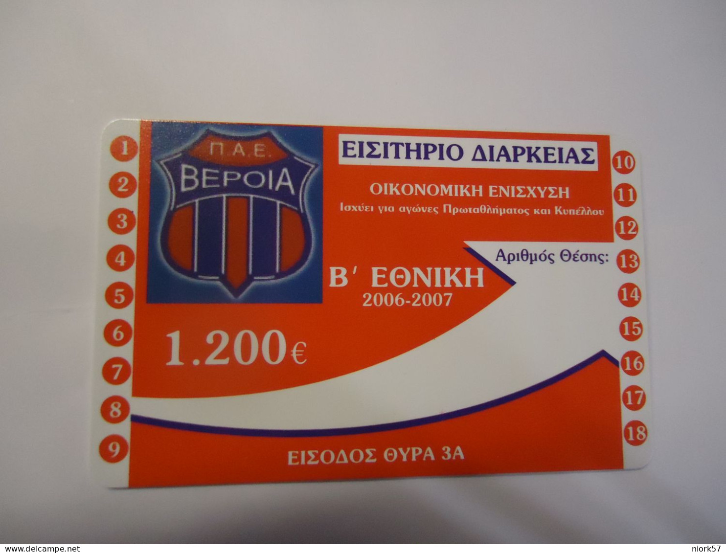 GREECE USED  CARDS   SPORTS  ΒΕΡΟΙΑ  1200 ΕΥΡΟ - Sport