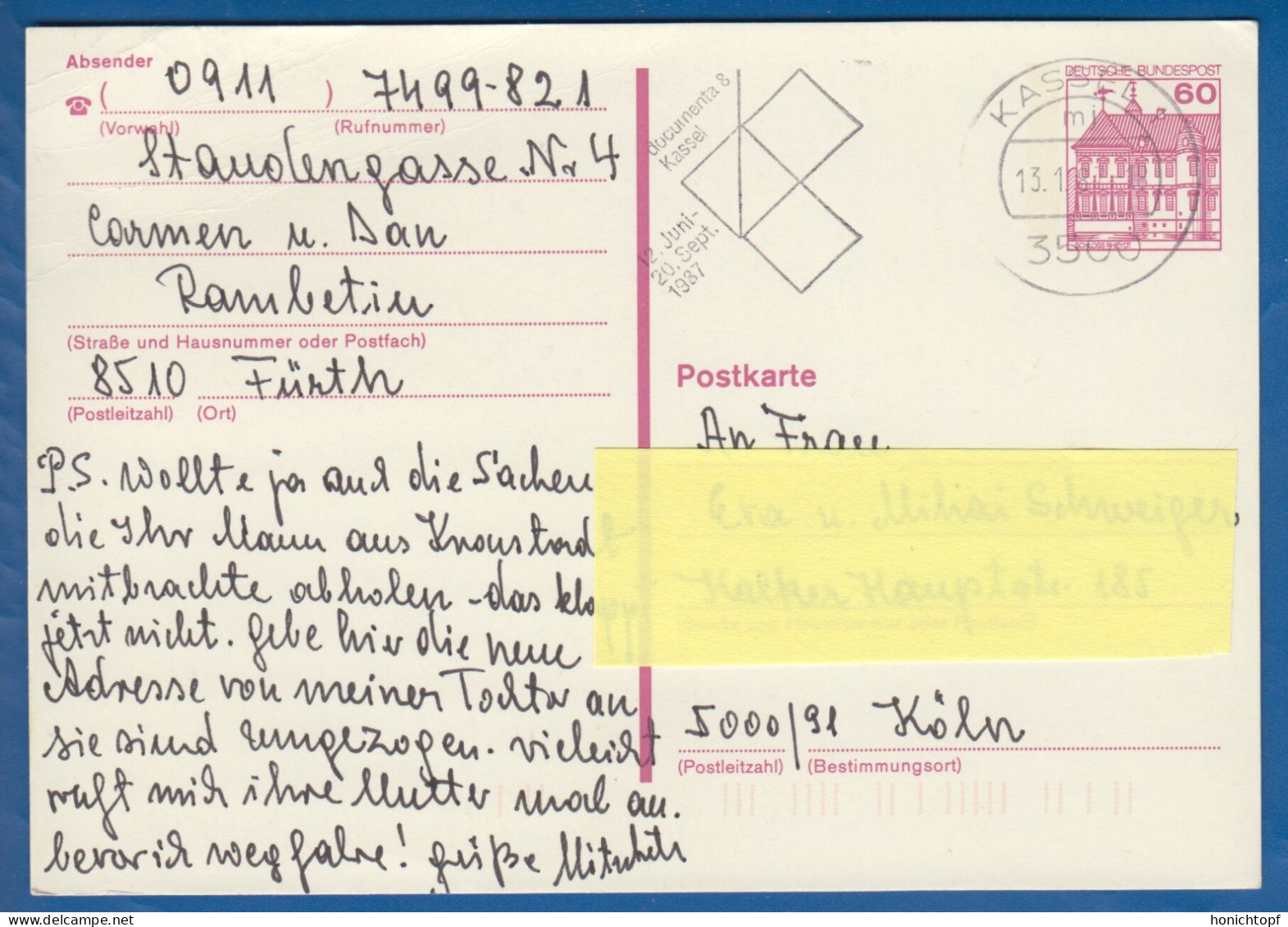 Deutschland; BRD; Postkarte; 60 Pf Schloss Rheydt; Kassel 1987; Bild1 - Cartes Postales - Oblitérées