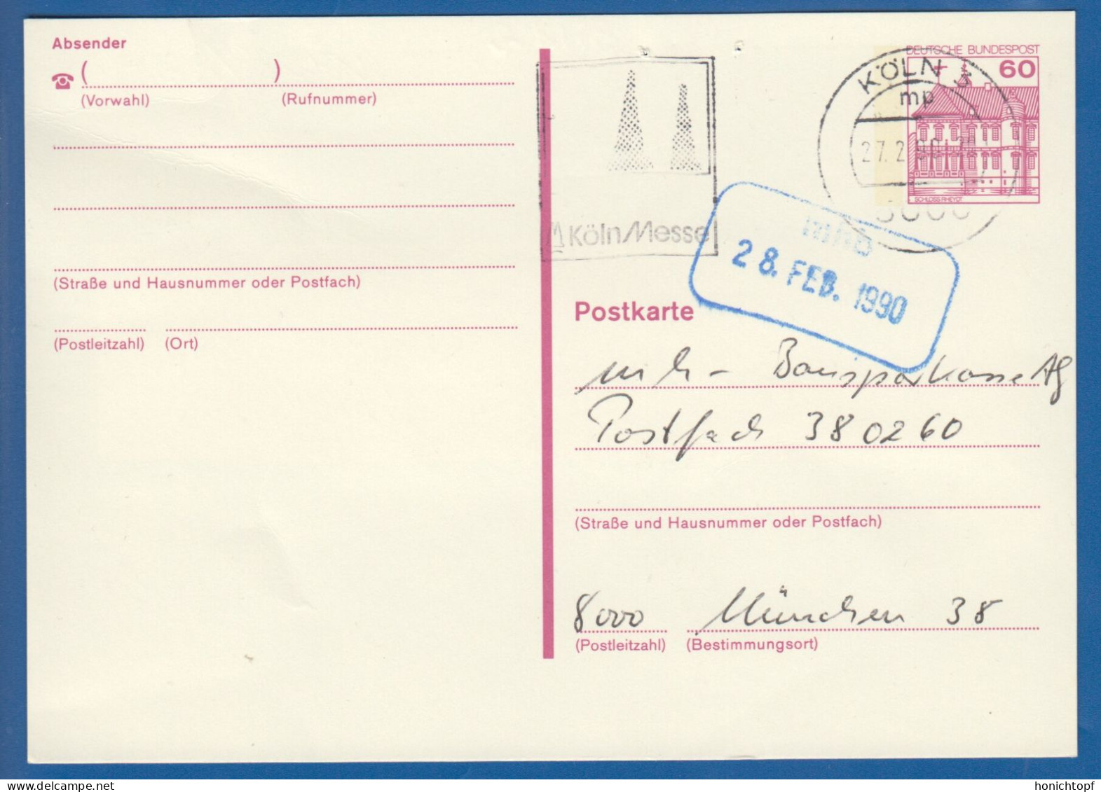 Deutschland; BRD; Postkarte; 60 Pf Schloss Rheydt; Köln 1990; Bild2 - Cartoline - Usati