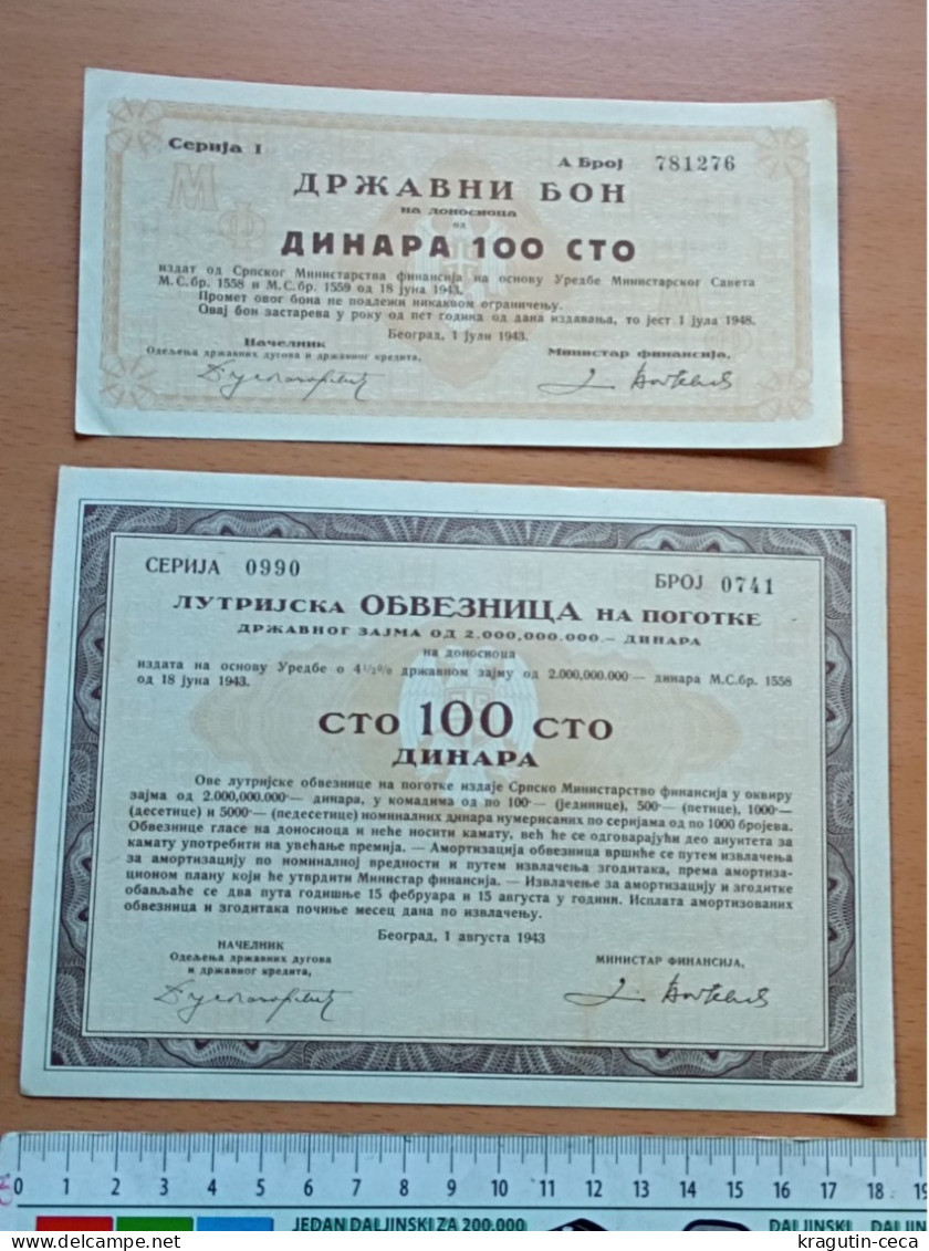 WWII 1943 1948 SERBIA YUGOSLAVIA STATE VOUCHER MINISTRY OF FINANCE LOTTERY BOND BONDS STOCKS SHARE SHARES SHAREHOLDING - Banque & Assurance