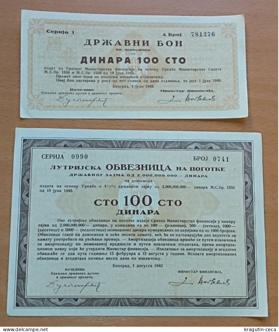 WWII 1943 1948 SERBIA YUGOSLAVIA STATE VOUCHER MINISTRY OF FINANCE LOTTERY BOND BONDS STOCKS SHARE SHARES SHAREHOLDING - Banque & Assurance